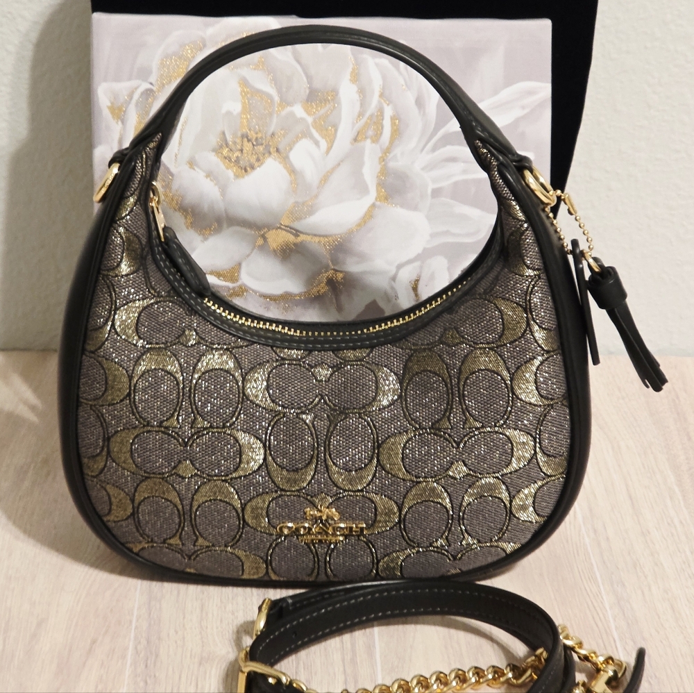 Coach Carmen Mini Crossbody Bag Sig Purse Jacquard Leather CCF76 Metallic Gold
